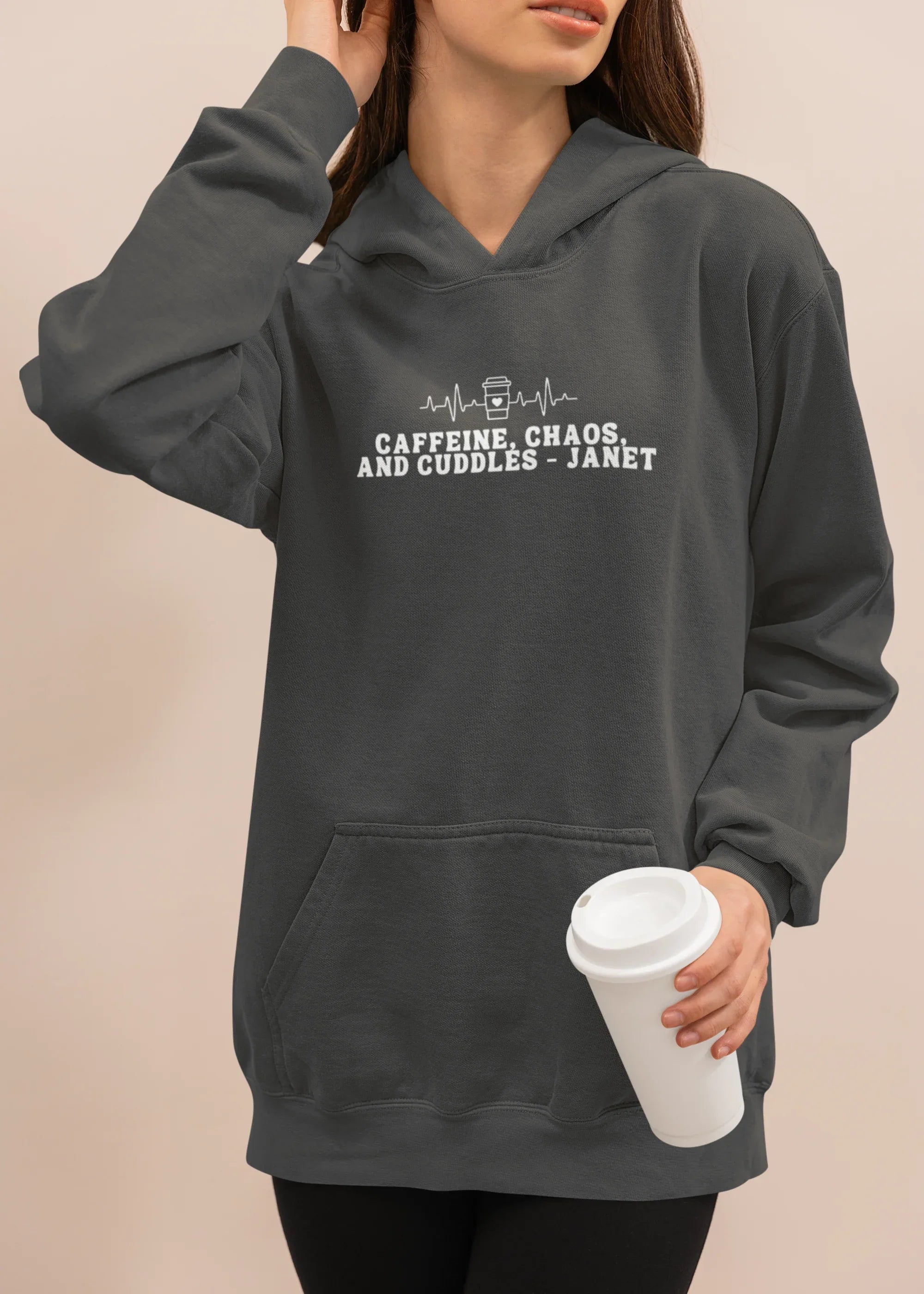 Charcoal hoodie sweatshirt with hood, kangaroo pocket, and 'Caffeine, Chaos, and Cuddles' print