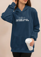 Blue hoodie sweatshirt with hood, kangaroo pocket, and 'Caffeine, Chaos, and Cuddles' chest text