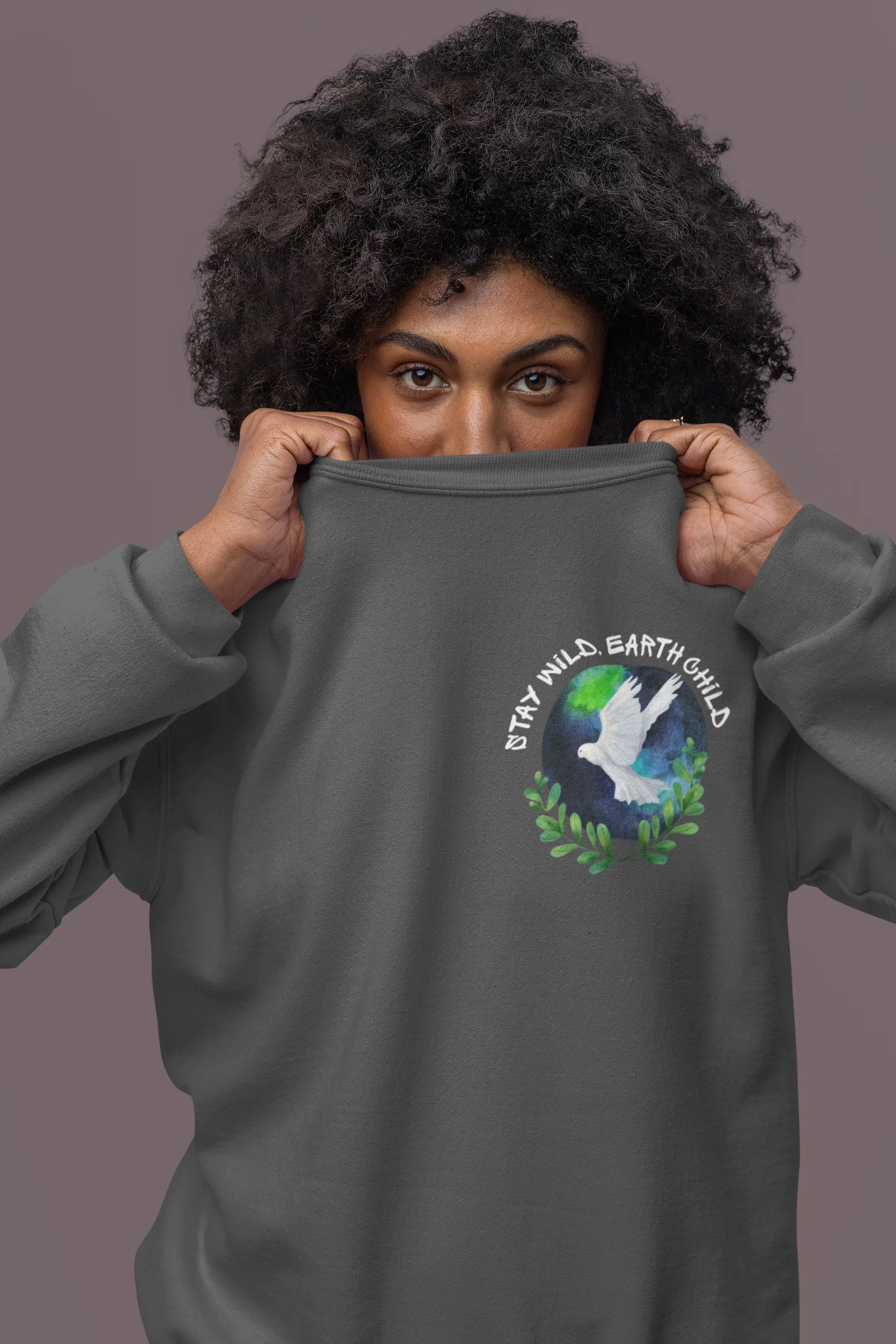 Charcoal gray crewneck sweatshirt with a circular dove and leaf graphic on chest.