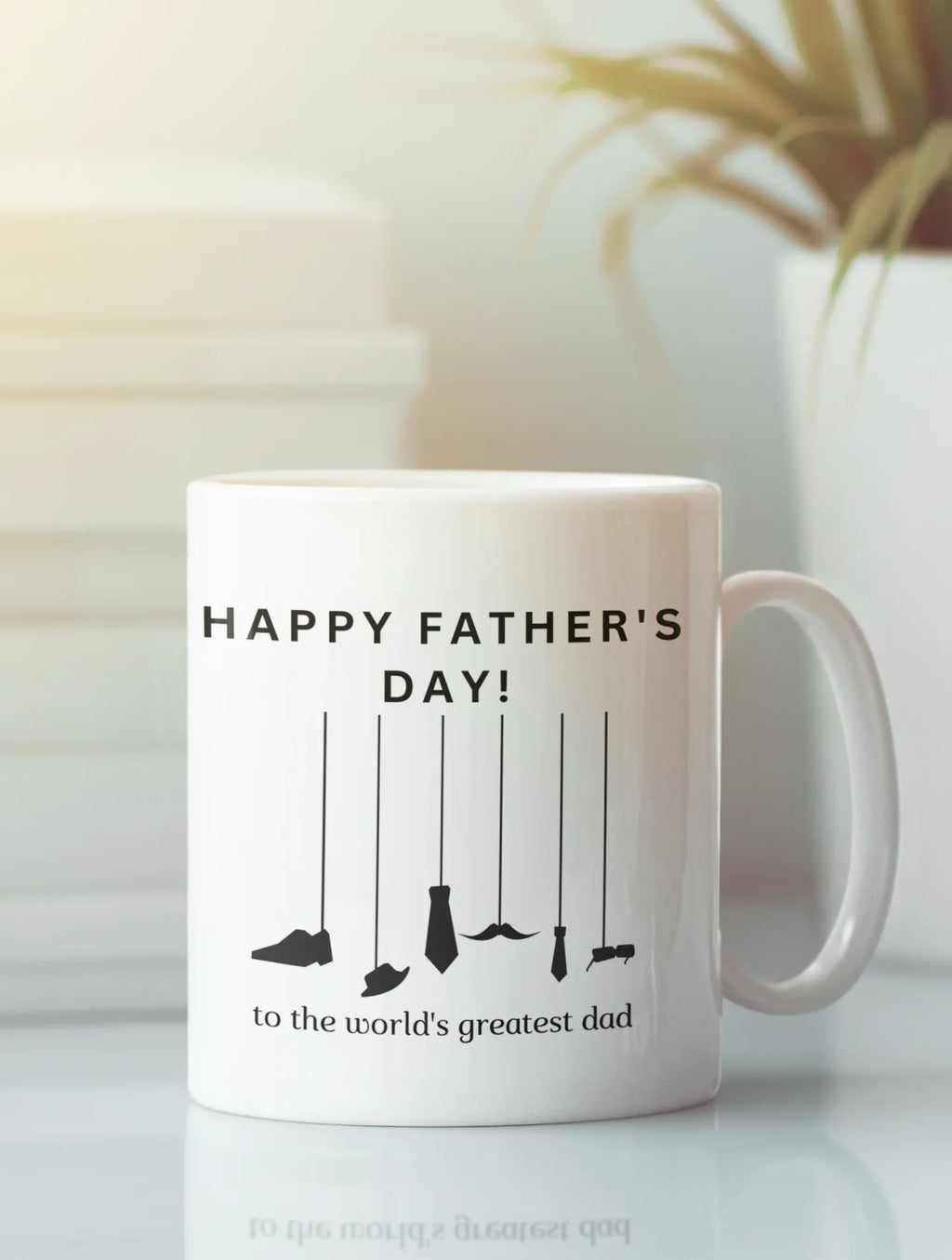 White ceramic mug with “Happy Father’s Day!” and tools graphic, side handle