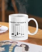 White ceramic mug with “Happy Father’s Day!” and tools graphic, right-side handle