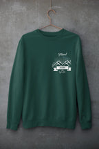 Green crewneck sweatshirt, long sleeves, chest adventure graphic