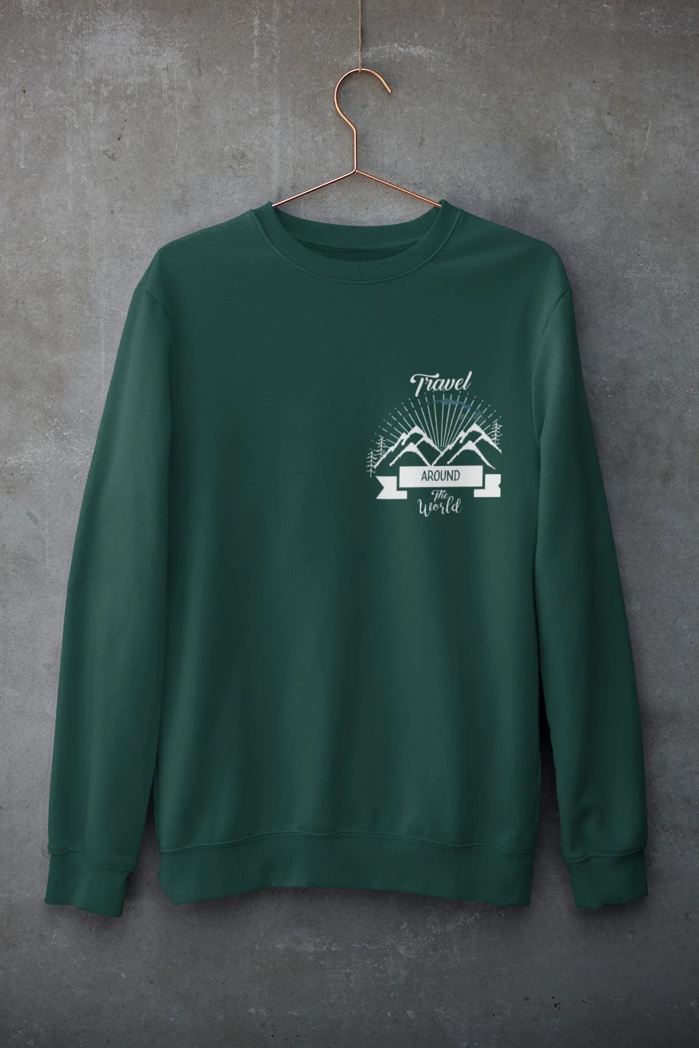 Green crewneck sweatshirt, long sleeves, chest adventure graphic