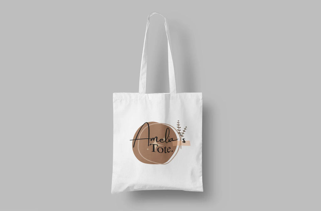 White canvas tote bag with Amalia's Tote round logo