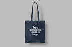 Navy cotton tote bag with custom text "Just random stuff in here"