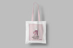 White canvas tote bag on a solid background with pink graphic panel.