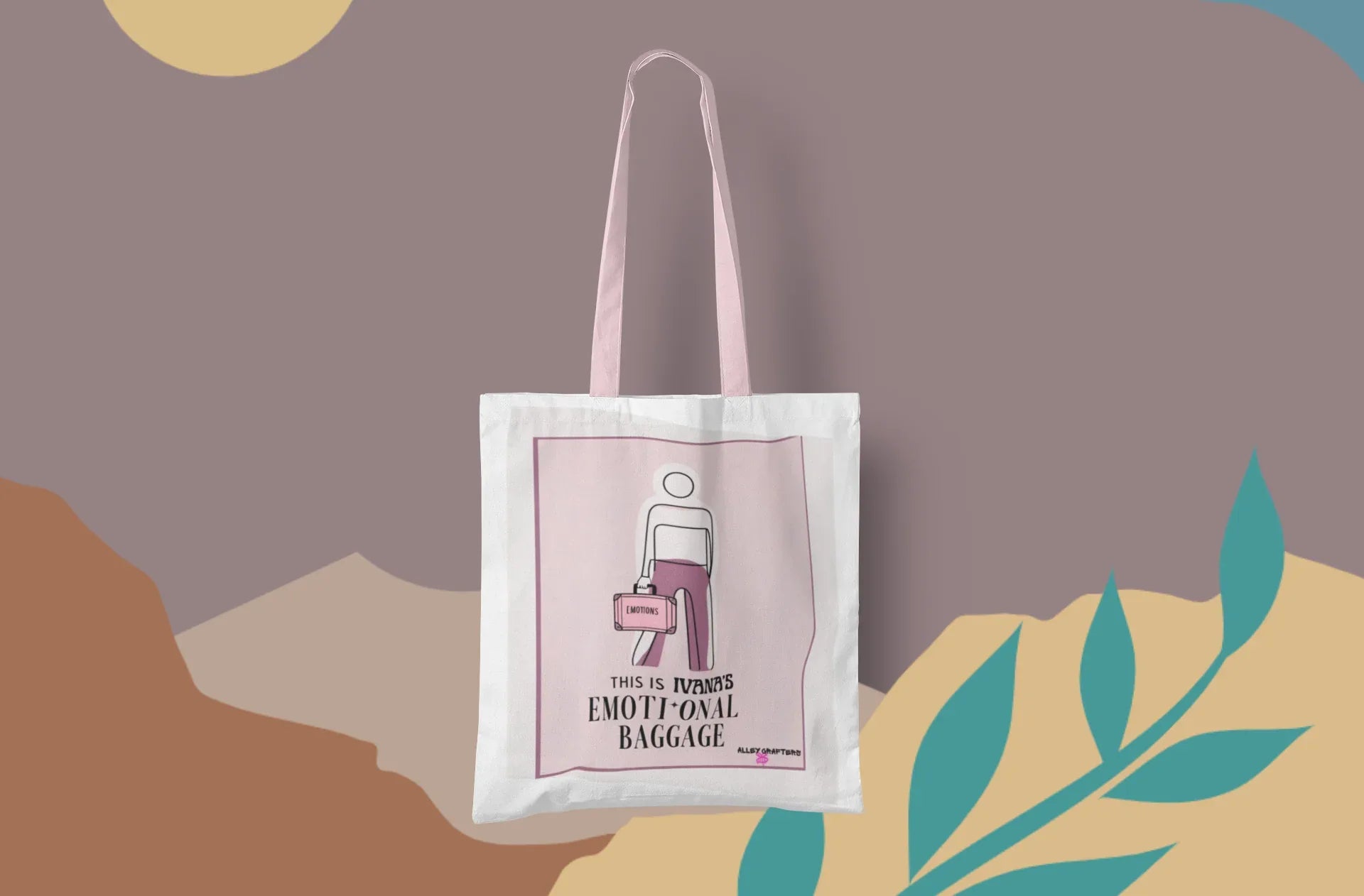 White canvas tote bag with pink graphic panel, shown centered against artwork.