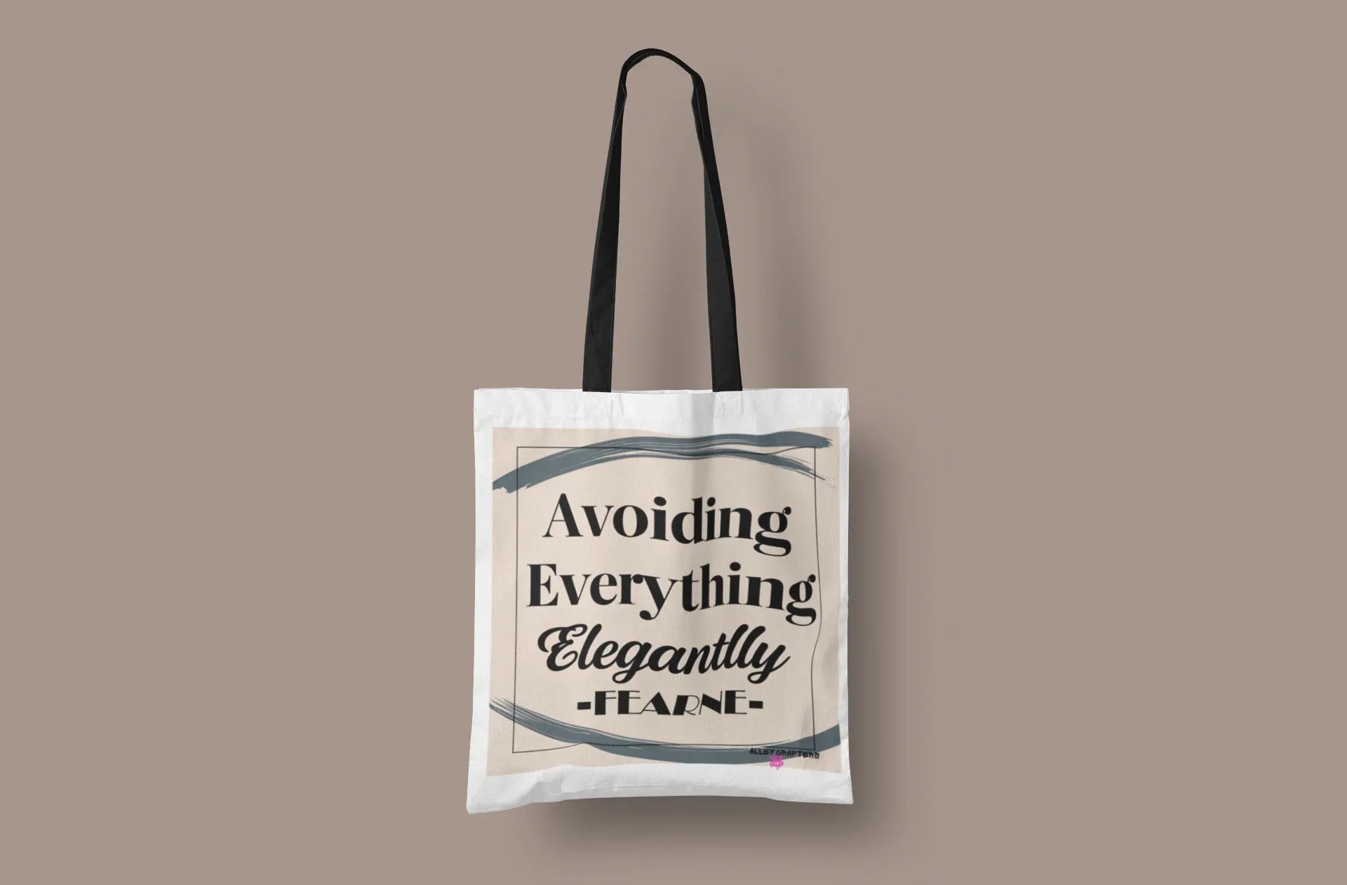White canvas tote bag with short handles, "Avoiding Everything Elegantly" print