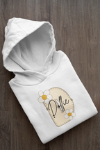 Kids white hoodie with floral patch-style name graphic on chest