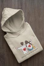 Cream hoodie with couple heart graphic and 'Still Waiting for the Honeymoon' text.