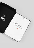 White hooded sweatshirt, “Mama” print with small red heart on chest