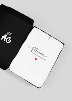 White hooded sweatshirt, “Mama” print with small red heart on chest