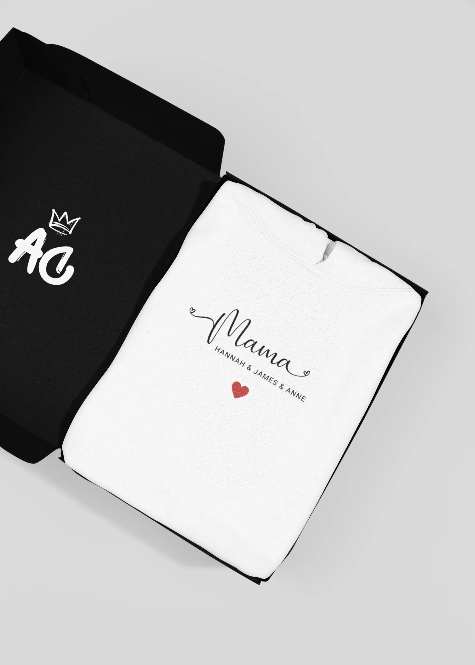 White hooded sweatshirt, “Mama” print with small red heart on chest