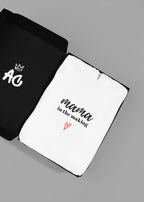 Black and white hooded sweatshirts showing 'mama in the making' print with red heart