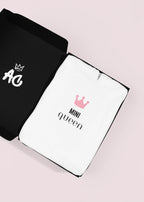 White hooded sweatshirt with 'Mini Queen' crown graphic on the front