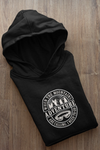 Black pullover hoodie with hood and circular “Adventure” graphic on the front.