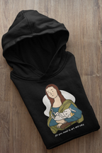 Black hoodie with front cat-and-art graphic illustration on chest