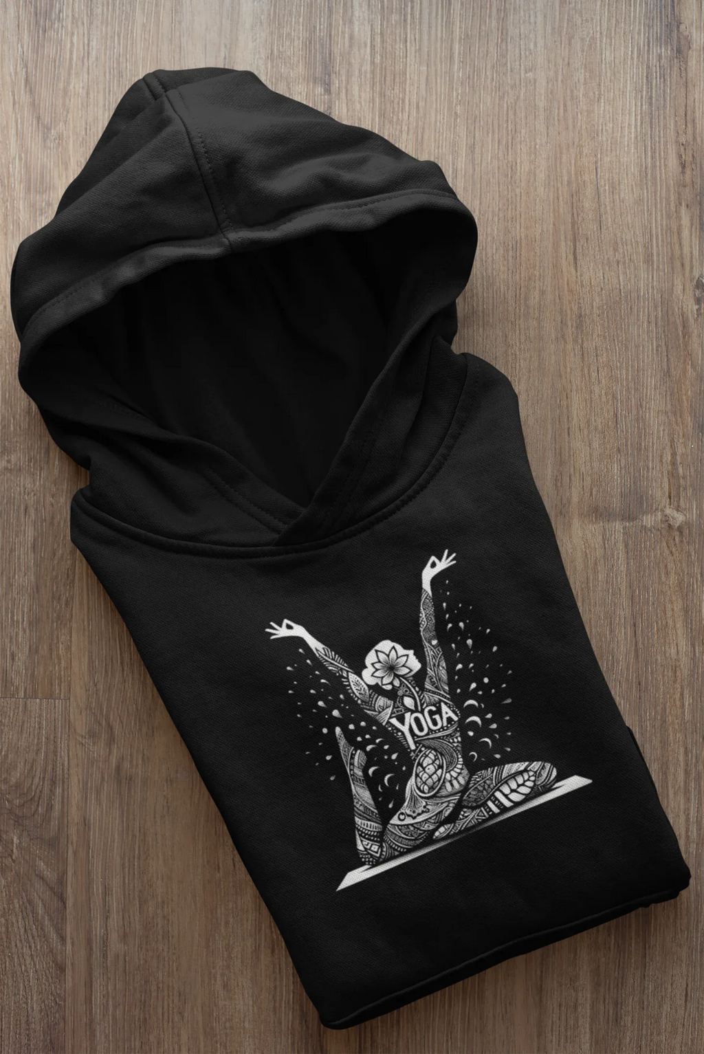 Black hoodie with white yoga lotus pose illustration on the front