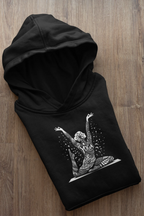 Black hoodie with white yoga lotus pose illustration on the front