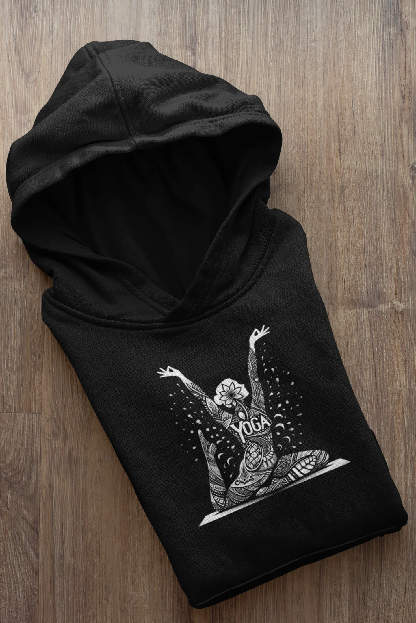 Black hoodie with white yoga lotus pose illustration on the front
