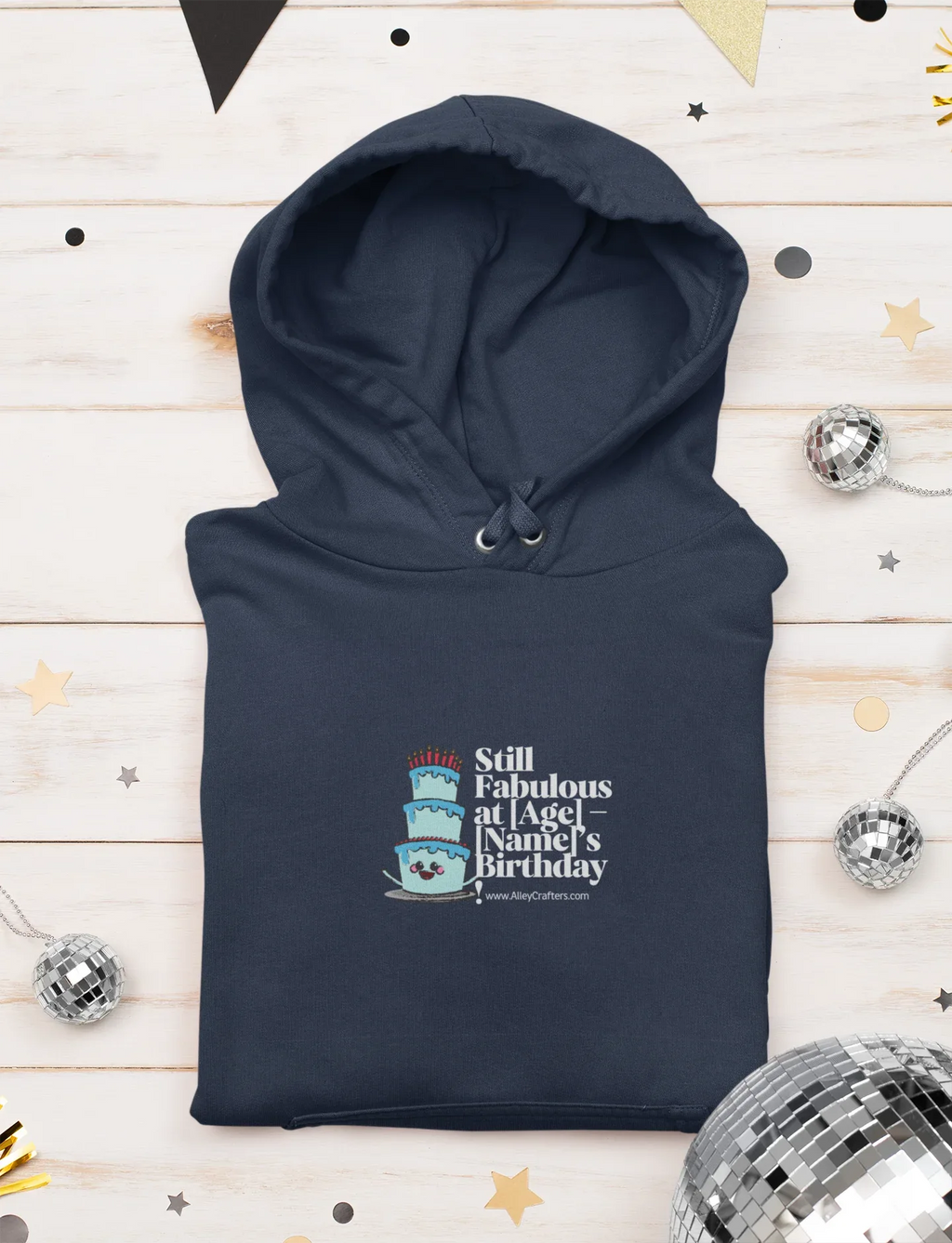 Navy hoodie with hood and birthday cake emblem on chest