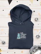 Navy hoodie with hood and birthday cake emblem on chest