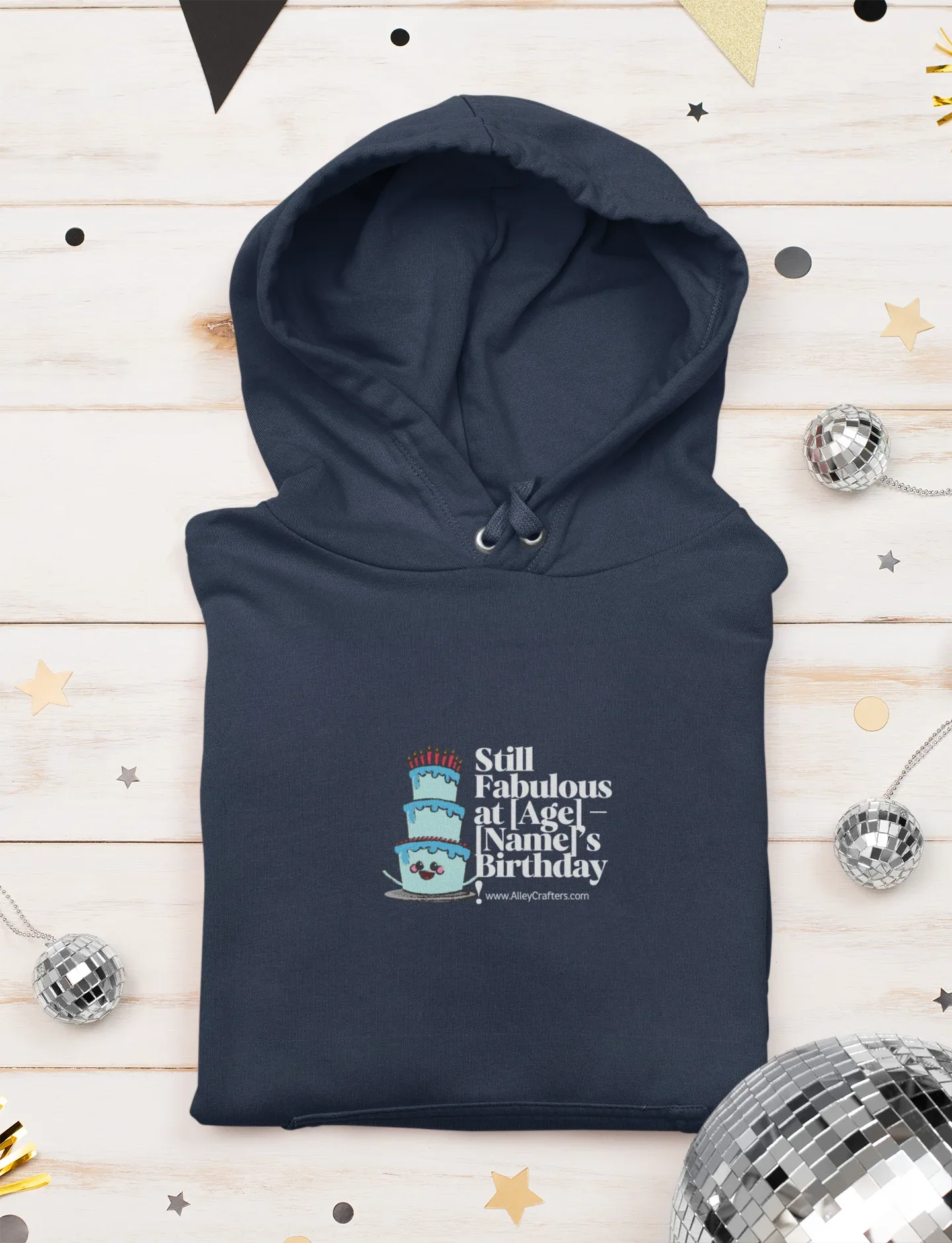 Navy hoodie with hood and birthday cake emblem on chest