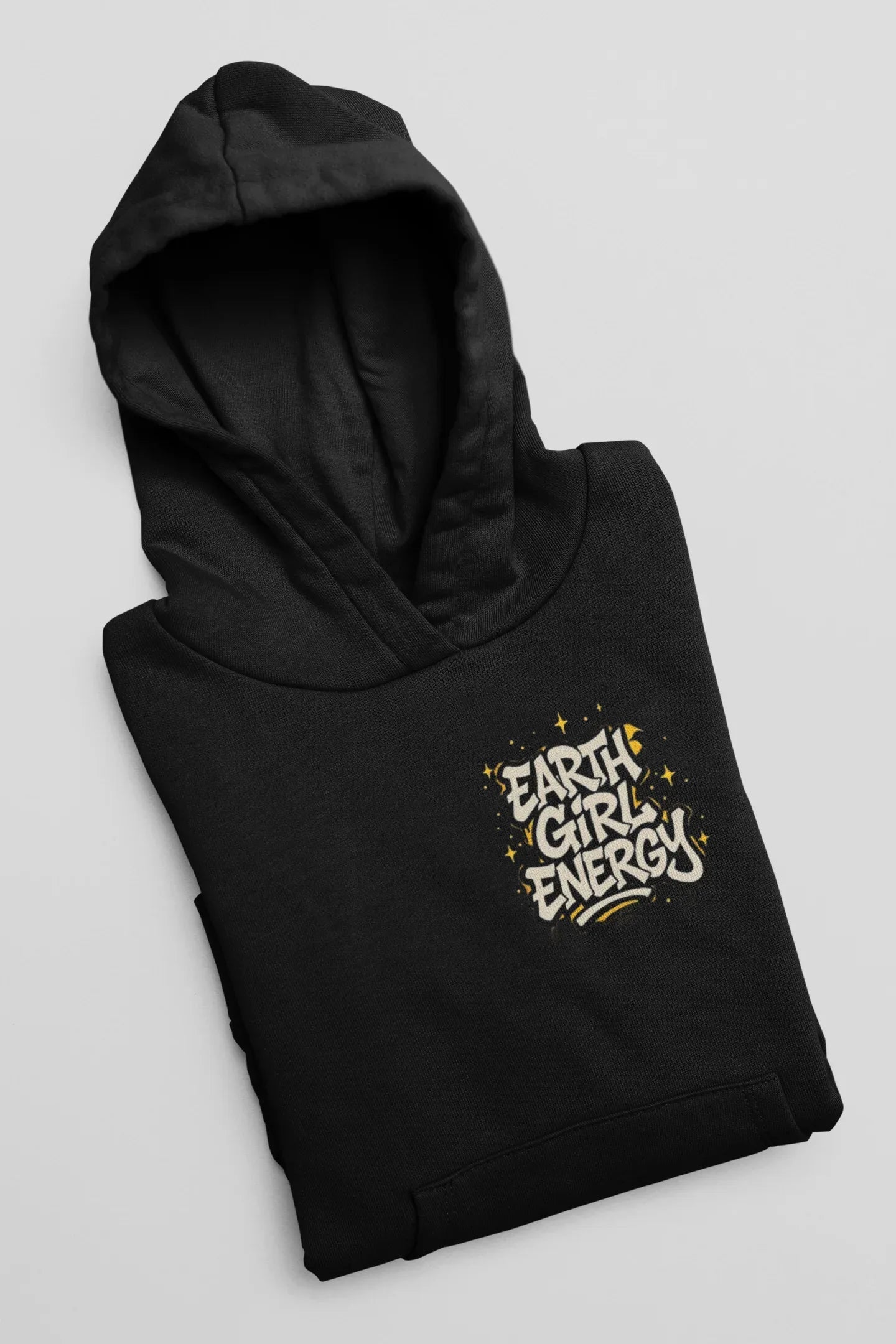 Black hoodie with Earth Girl Energy chest logo and front hood