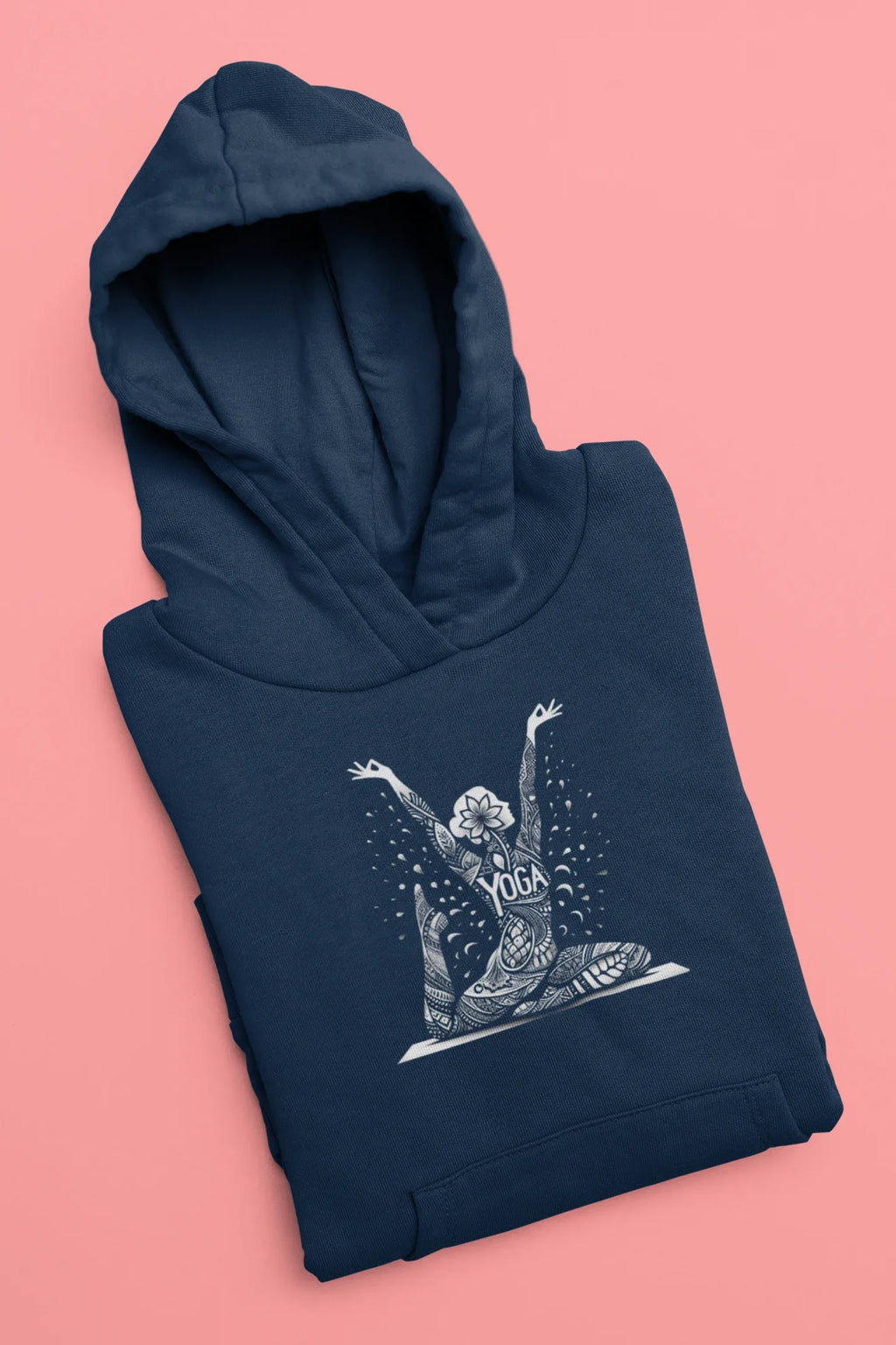 Navy yoga hoodie with white lotus pose graphic on the chest