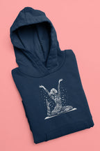 Navy yoga hoodie with white lotus pose graphic on the chest