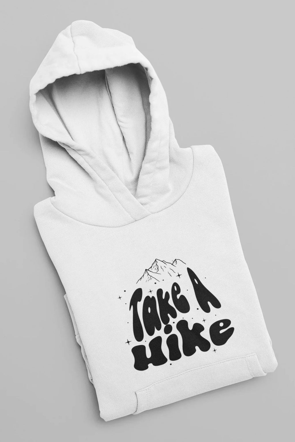 White Take a Hike hoodie with hood and front Take a Hike mountain graphic, angled.