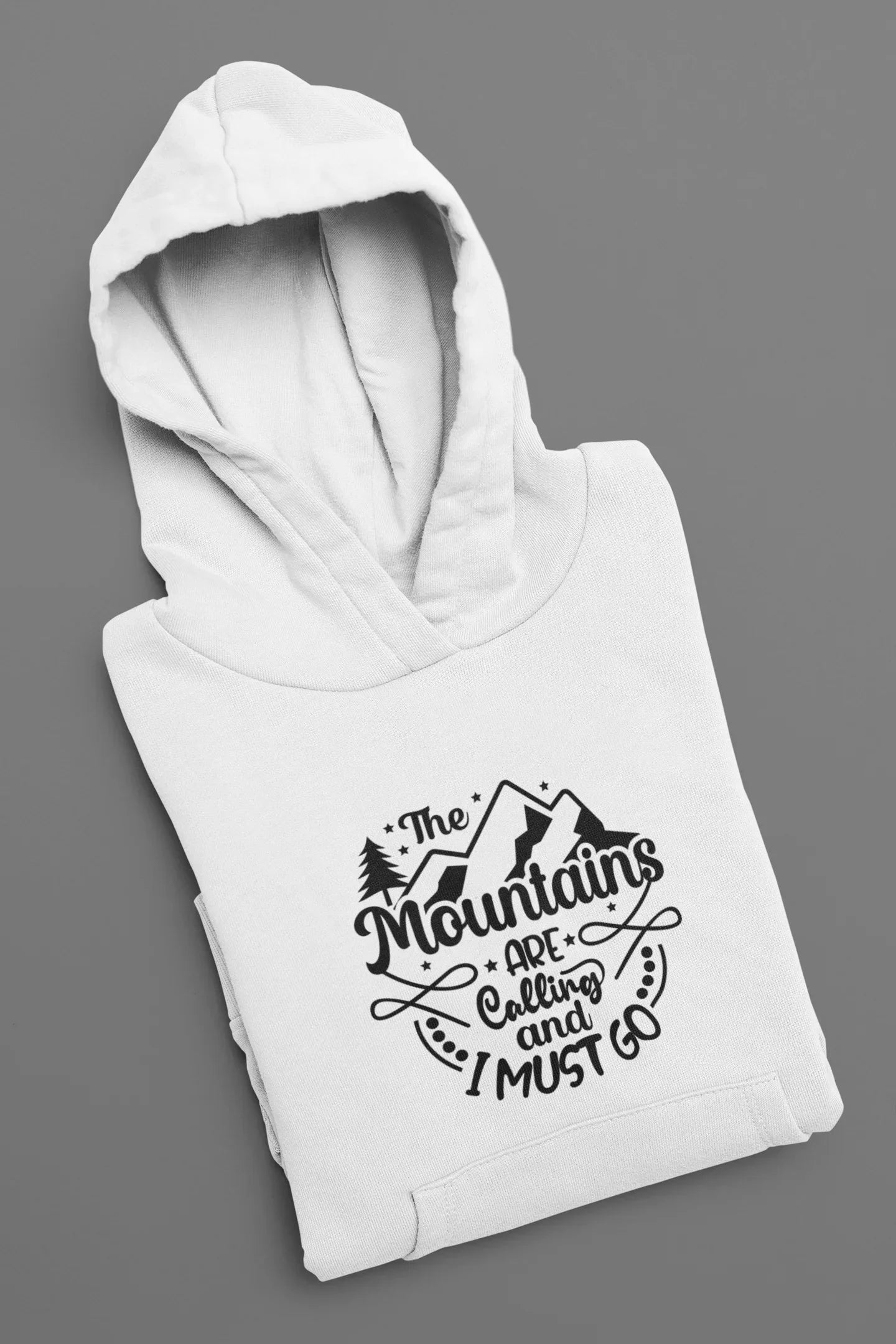 White hoodie with mountain graphic logo on front, folded angle view