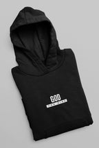 Black hooded sweatshirt with kangaroo pocket and 'GOD THE KING' logo on chest.