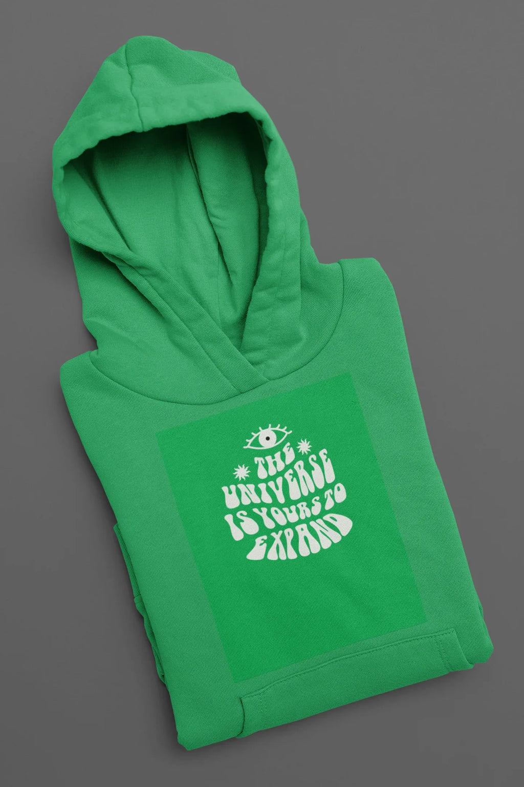Green unisex hoodie laid flat with hood and chest logo
