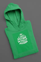 Green unisex hoodie laid flat with hood and chest logo