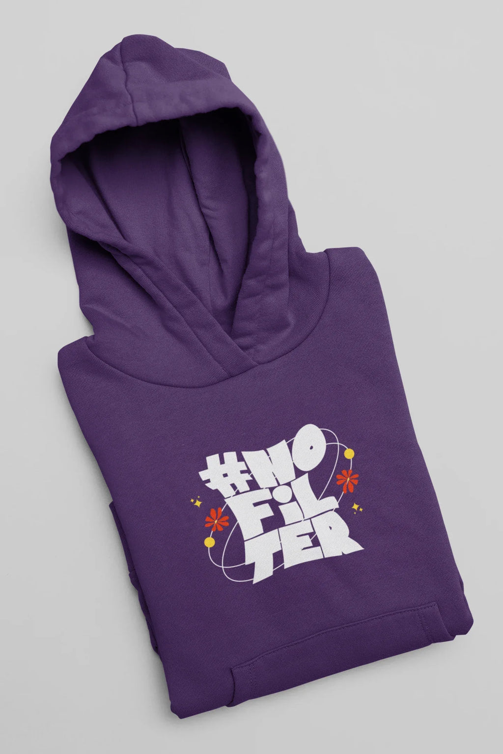 Purple folded unisex slogan hoodie with hood and front kangaroo pocket.