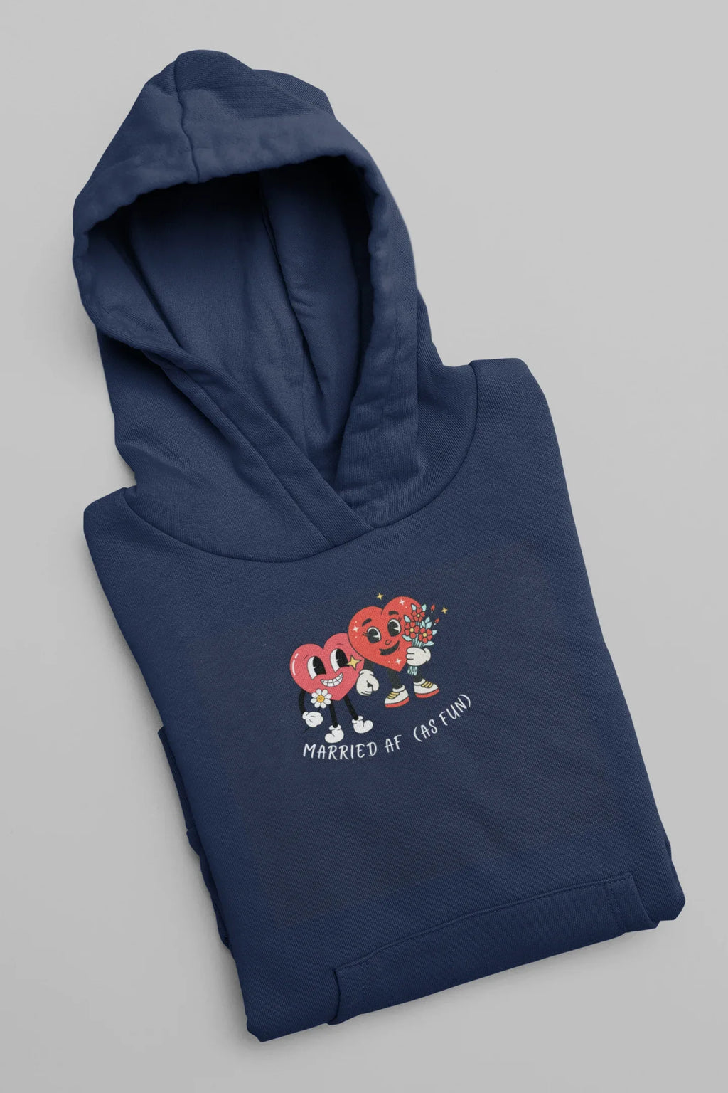 Navy hoodie sweatshirt with small heart cartoon graphic on chest