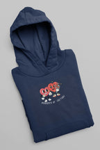 Navy hoodie sweatshirt with small heart cartoon graphic on chest