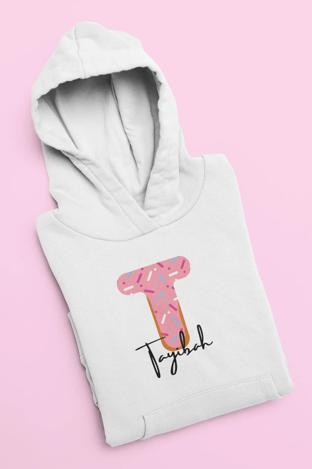 Kids white hoodie sweatshirt with pink donut graphic and script name front
