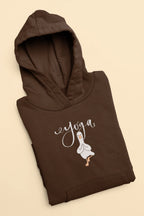 Dark brown hoodie with hood and duck pose chest logo