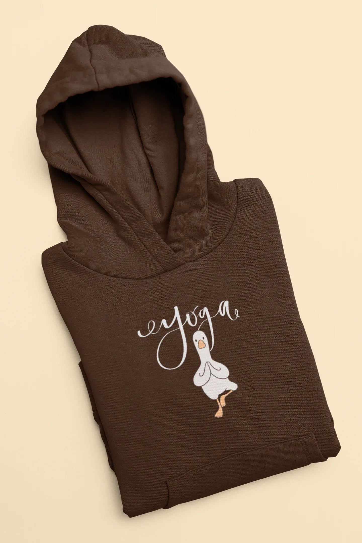 Dark brown hoodie with hood and duck pose chest logo