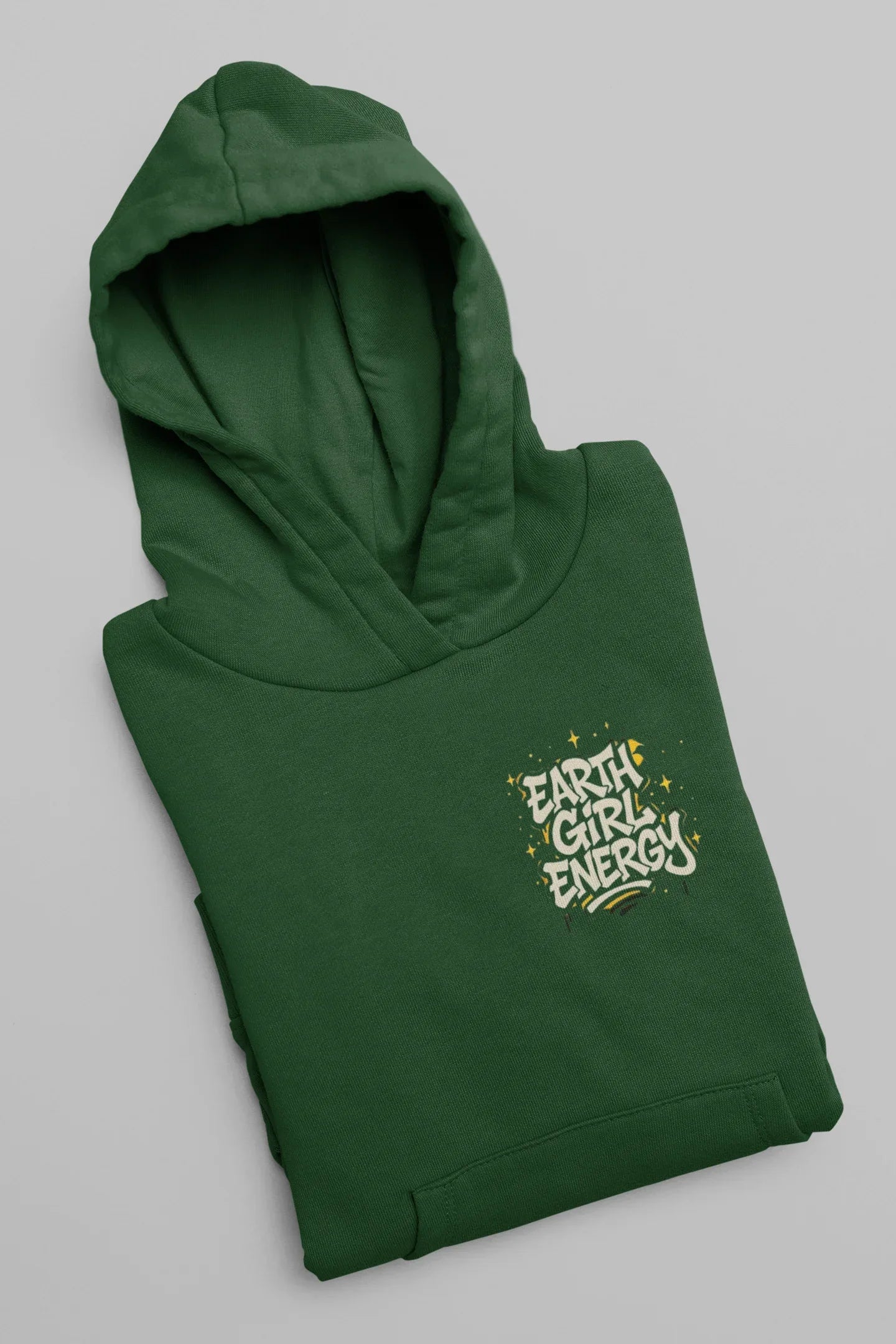 Forest green hoodie with front pocket and small Earth Girl Energy chest logo