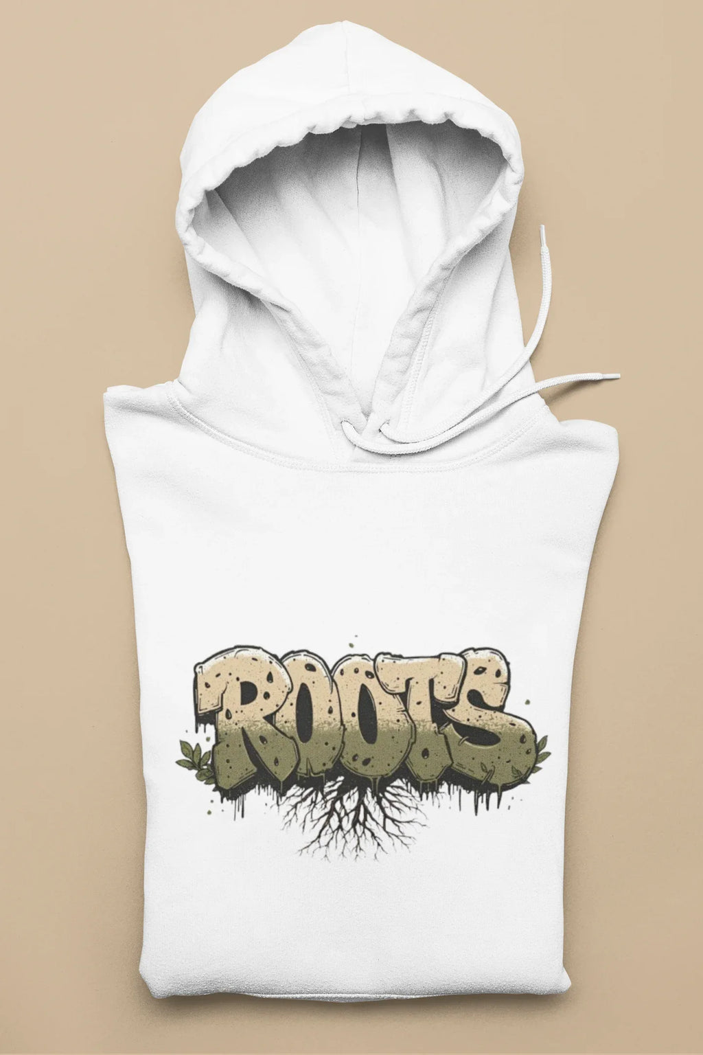 White Roots hoodie with hood and 'Roots' graphic front print, front drawstring