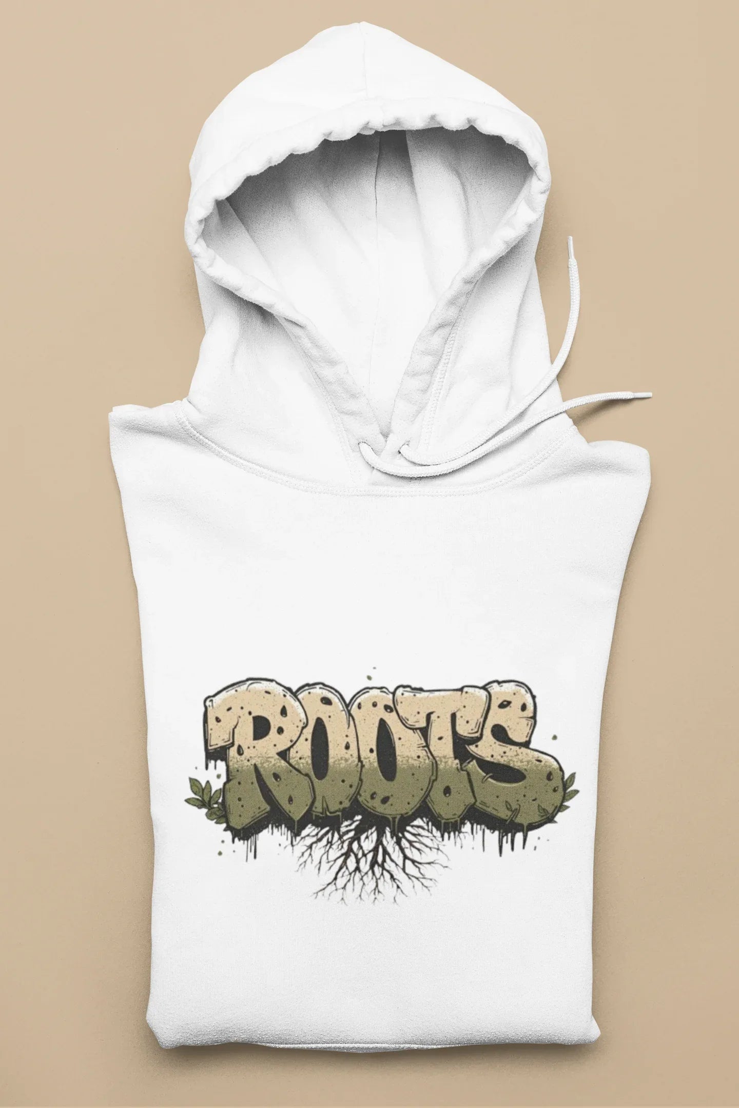 White Roots hoodie with hood and 'Roots' graphic front print, front drawstring