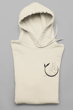 Cream yoga hoodie with hood, long sleeves, and black yoga figure logo