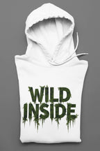 White hoodie pullover with green "WILD INSIDE" graphic and hood