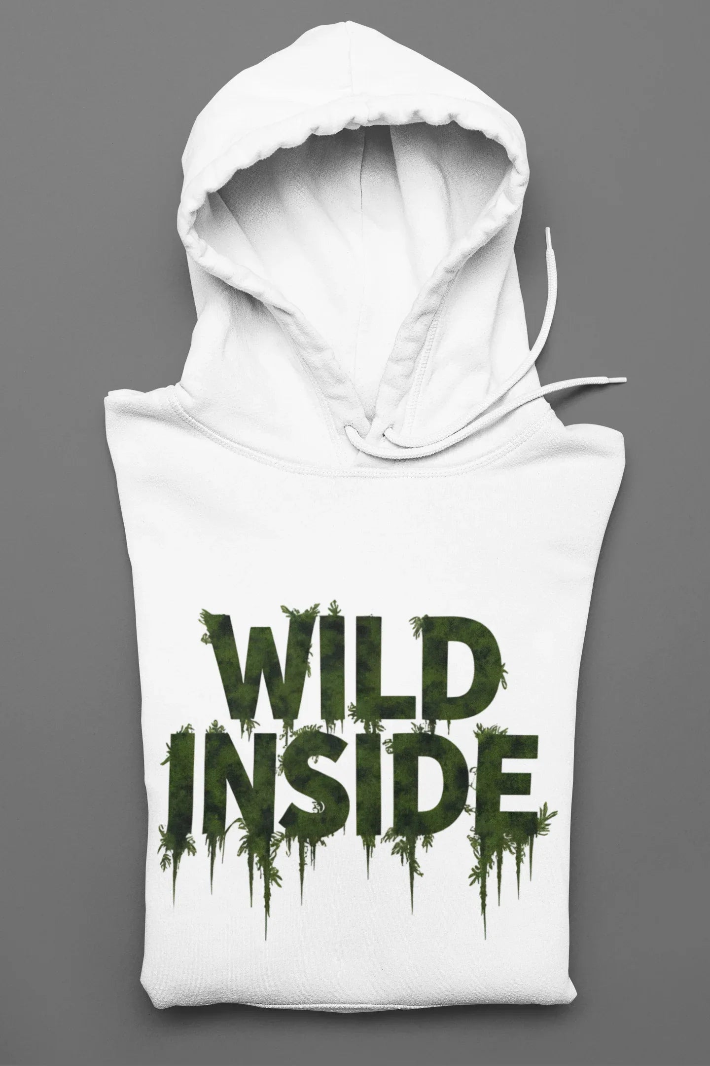 White hoodie pullover with green "WILD INSIDE" graphic and hood