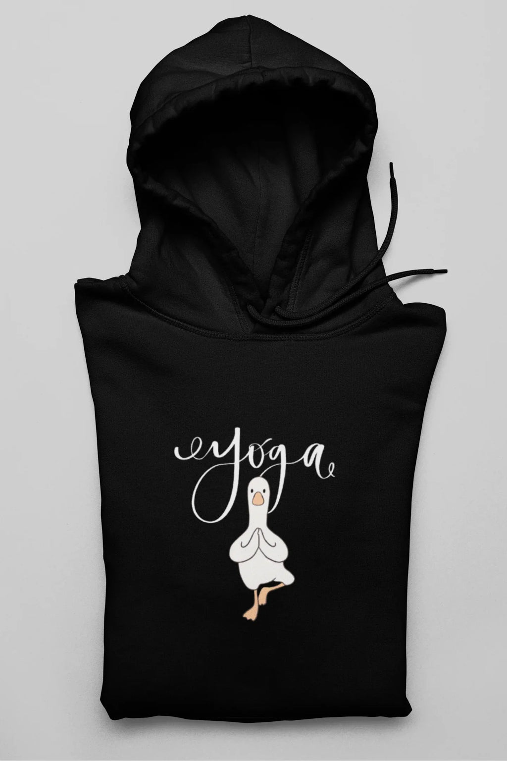 Black duck pose hoodie with hood, drawstrings, and front pouch pocket