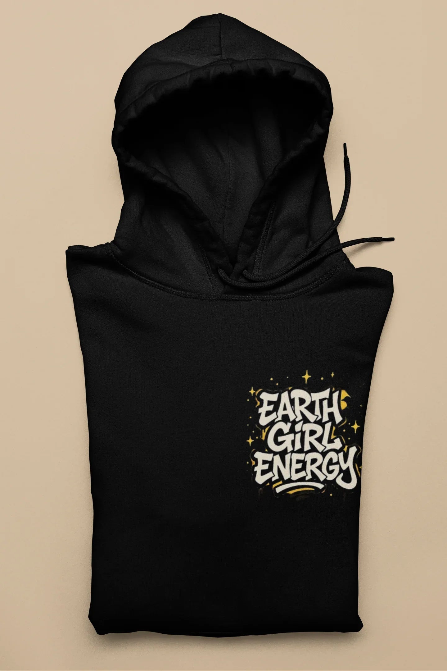 Black hoodie with front pocket and Earth Girl Energy chest logo on the left