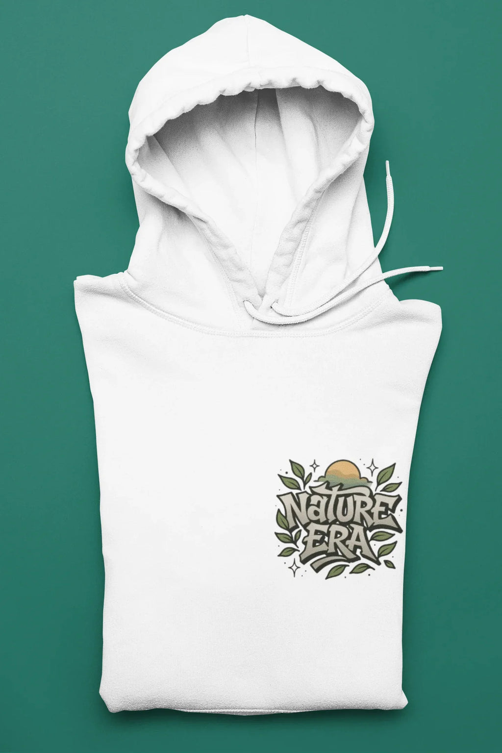 White pullover hoodie with Nature Era chest logo and drawstring hood